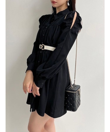 シャーリングデザインミニシャツワンピース