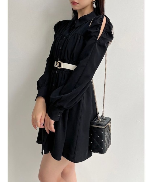 シャーリングデザインミニシャツワンピース