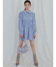 シャーリングデザインミニシャツワンピース