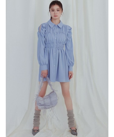 シャーリングデザインミニシャツワンピース