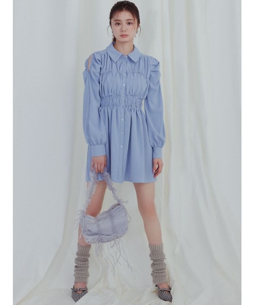 シャーリングデザインミニシャツワンピース
