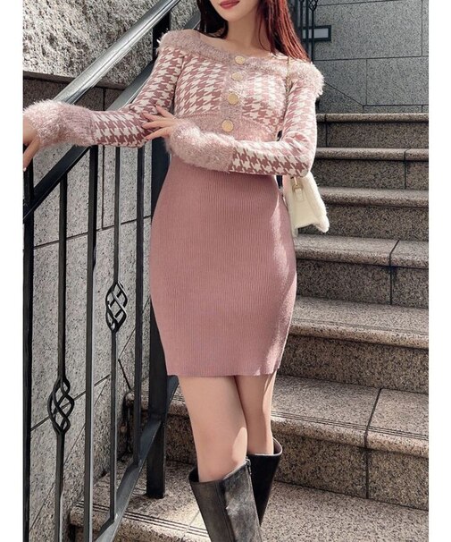 ハウンドトゥースアンサンブルミニワンピース