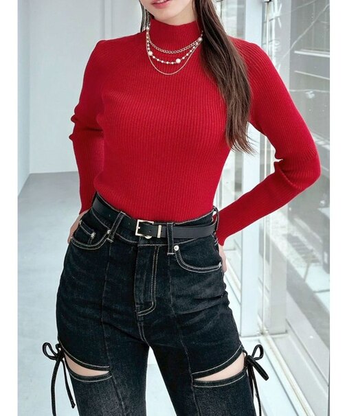 ハイネックベーシックニットトップス