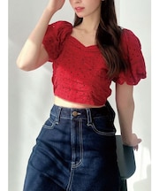 コットンレースパフブラウス