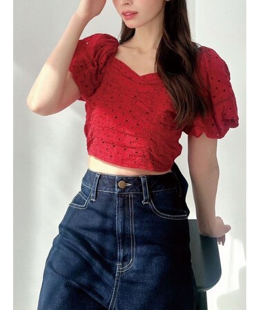 コットンレースパフブラウス