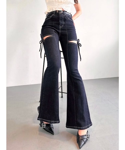 カットアウトリボンデニムパンツ【完売カラーは品番：1526324356で販売