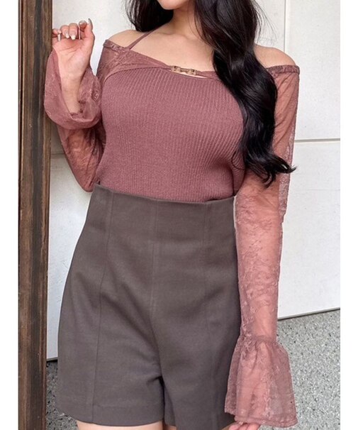 オフショルレースニットトップス