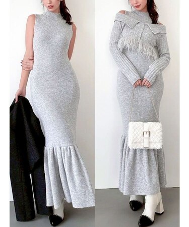 フェザーヘムレイヤードニットワンピース