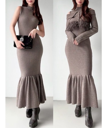 フェザーヘムレイヤードニットワンピース