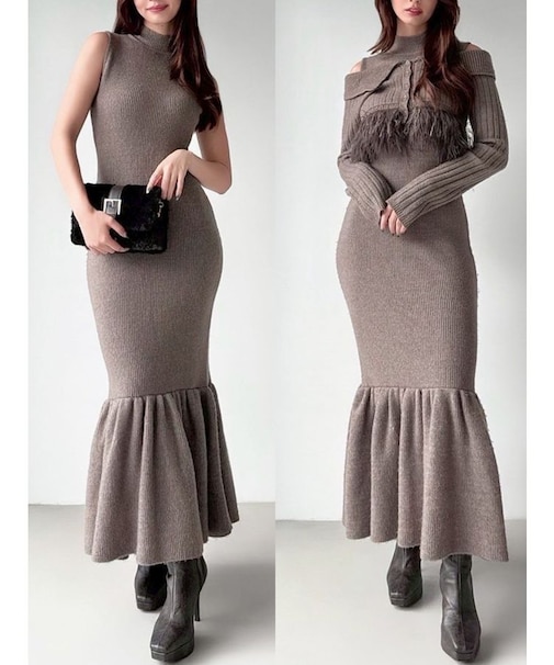 フェザーヘムレイヤードニットワンピース