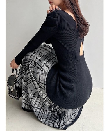 シアーチェックニットワンピース