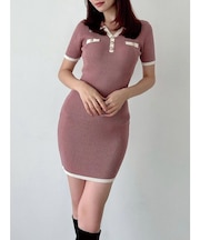 ゴールドボタンバイカラーニットポロワンピース