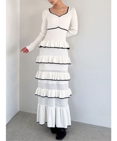 フリルデザインIラインニットワンピース