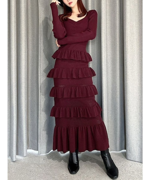 フリルデザインIラインニットワンピース