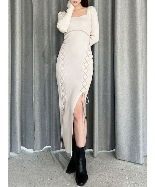 レースアップタイトニットワンピース