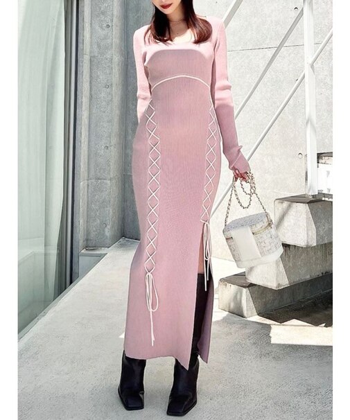 レースアップタイトニットワンピース