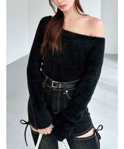 ミニシャギーワンショルニットトップス