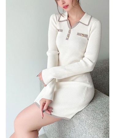 バイカラーニットポロワンピース