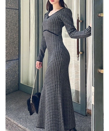 【WEB限定】バイカラーツイードニットワンピース