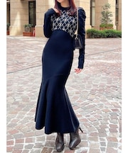 チェックジャガードマーメイドニットワンピース