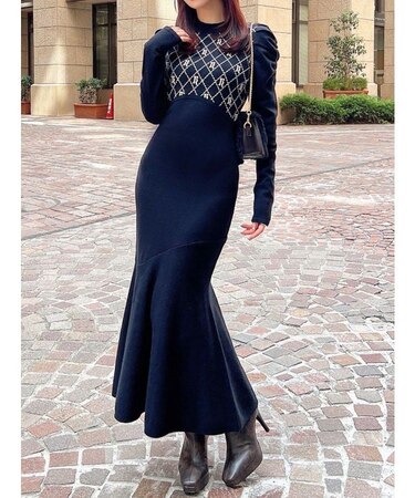 チェックジャガードマーメイドニットワンピース