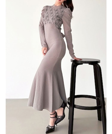 チェックジャガードマーメイドニットワンピース