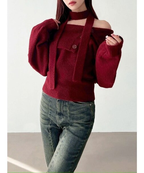 ビックカラーチョーカーニットトップス