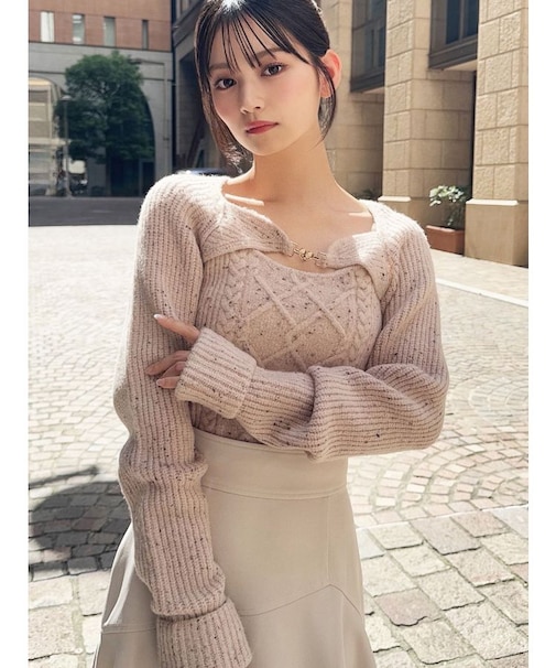 ケーブルニットレイヤードトップス