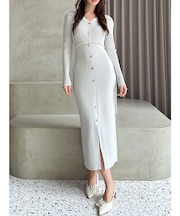 ゴールドボタンタイトニットワンピース