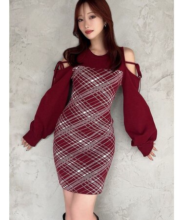 ストリングタイトミニニットワンピース