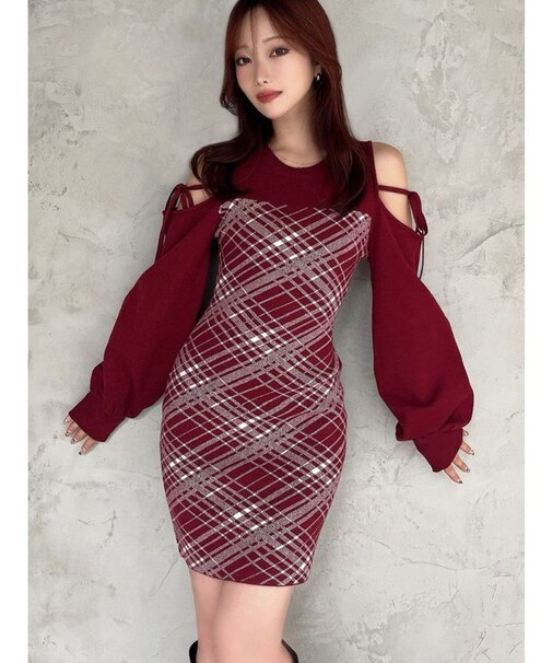 ストリングタイトミニニットワンピース