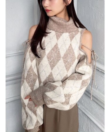 アーガイルタートルニットトップス