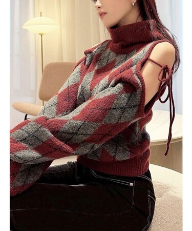 アーガイルタートルニットトップス