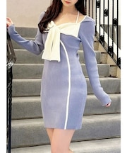 バイカラーフロントリボンニットミニワンピース