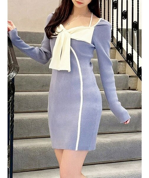 バイカラーフロントリボンニットミニワンピース