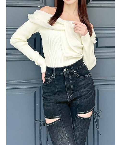 フロントリボンリブニットトップス