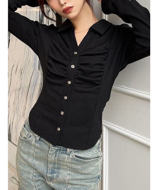 フロントギャザーリブトップス