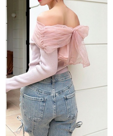 バックリボンオフショルニットトップス