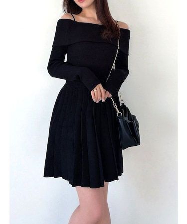 オフショルプリーツニットミニワンピース