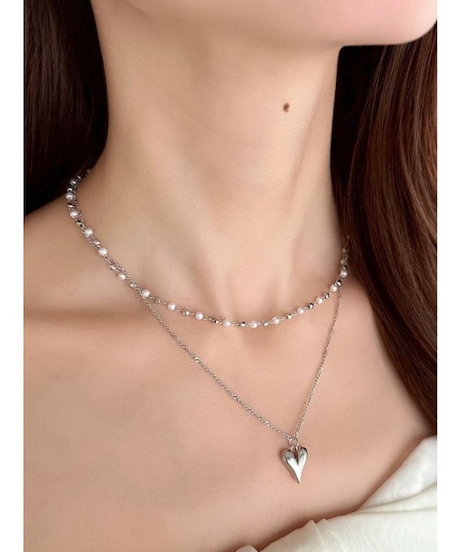ポイントハートパールストーンネックレス