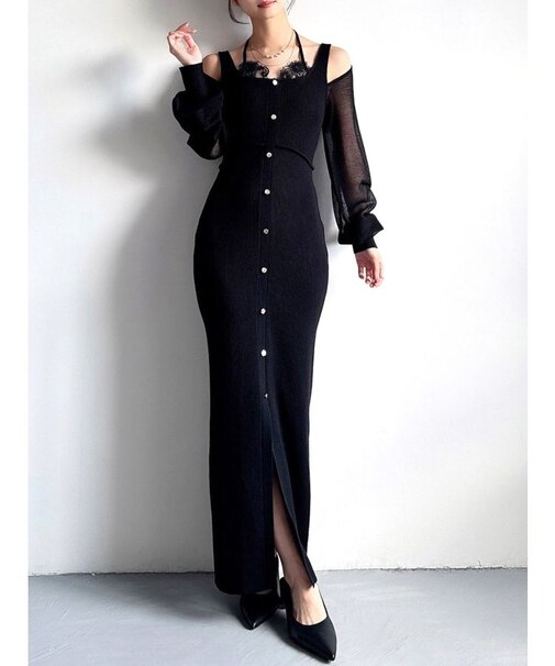 レースレイヤードリブニットワンピース