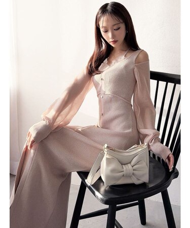 レースレイヤードリブニットワンピース