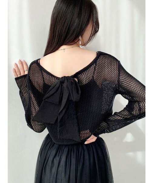 透かし編みクロップドニットトップス