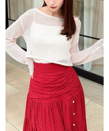 透かし編みクロップドニットトップス