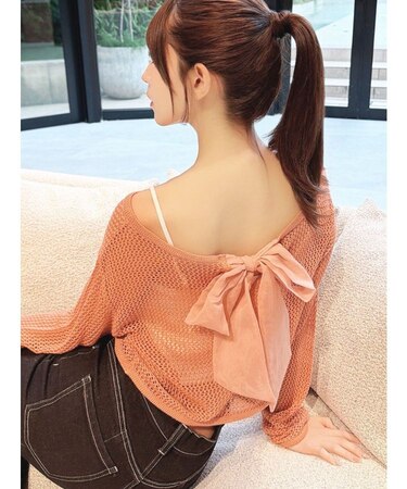 透かし編みクロップドニットトップス