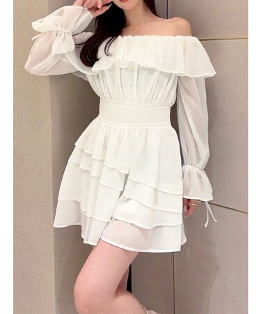 オフショルシフォンミニワンピース