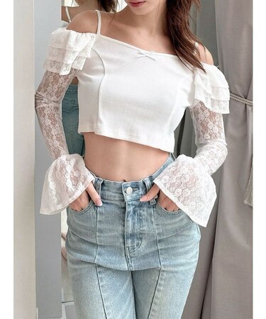 スリーブレースリブカットトップス