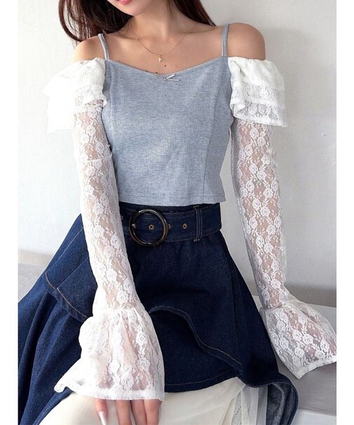 スリーブレースリブカットトップス