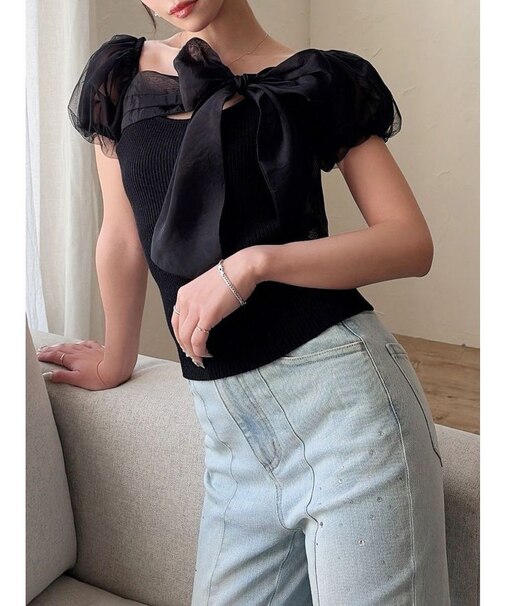 シアーリボンドッキングニットトップス