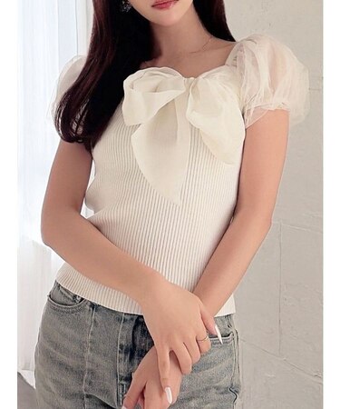 シアーリボンドッキングニットトップス